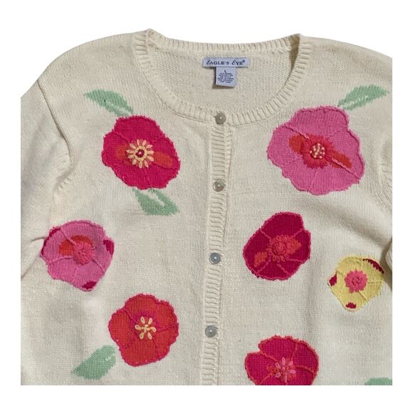 Vintage Eagle's Eye Cardigan Women's LG Pink Embroidered Flowers Knit Sweater - Picture 3 of 15